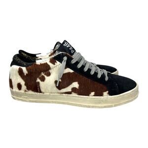 P448 Cow Print Calf Hair Sneakers Glitter Tongue Leather Shoes EU 38 Italy